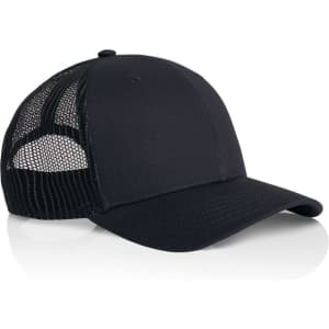 A black trucker cap featuring a mesh back and a solid front panel, designed for casual wear.