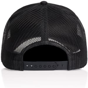 A black trucker cap with a mesh back, featuring an adjustable strap and a logo on the back.