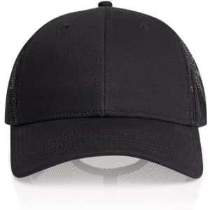 A black trucker cap with mesh panels and a solid front, featuring a logo on the front panel.