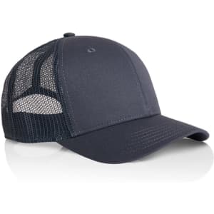 A dark navy trucker cap featuring a mesh back and a solid front panel, styled with a curved brim and a logo.