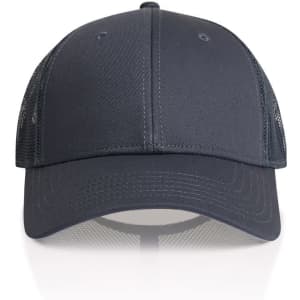 A grey trucker cap featuring a solid front and mesh back, with a logo on the front.