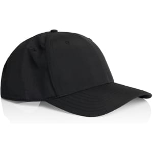 A black nylon cap with a curved brim and a solid design, featuring an adjustable strap at the back.