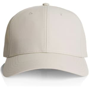 A beige nylon cap featuring a structured crown and a curved brim, with a logo on the front.