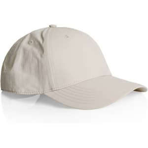 A beige nylon cap with a curved brim and an adjustable strap, featuring a logo on the side.