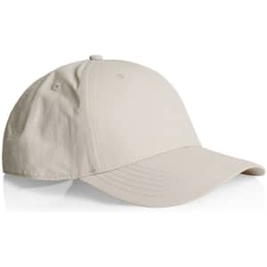A beige nylon cap with a rounded crown and a curved brim, featuring a logo on the front.