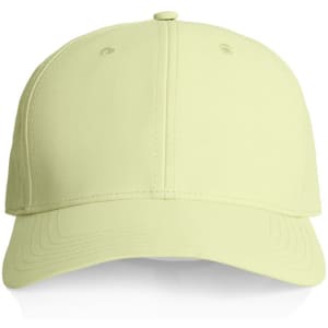 A light green nylon cap featuring a curved brim and an adjustable strap at the back. Contains a branding logo.