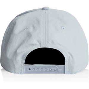 A pale blue nylon cap featuring a rear adjustable strap and a logo on the back.