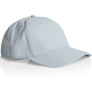 A light blue nylon cap, featuring a curved brim and a logo on the side.