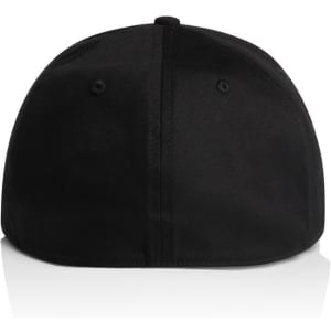 A black cap featuring a rounded design and an adjustable strap at the back, complete with a logo.