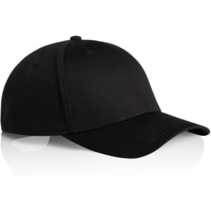 A black cap with a smooth finish, featuring a branded logo, angled to showcase the front and side view.
