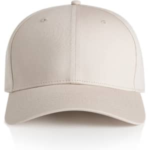 A beige cap with a structured design and a logo on the front.