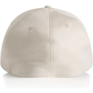 A beige cap with a curved brim and a logo present, showcased from the back.