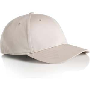 A beige cap with a rounded crown and a curved brim, featuring an adjustable strap and a logo.