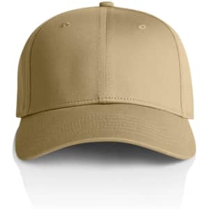 A beige cap with a curved brim and six-panel construction, featuring an embroidered logo.