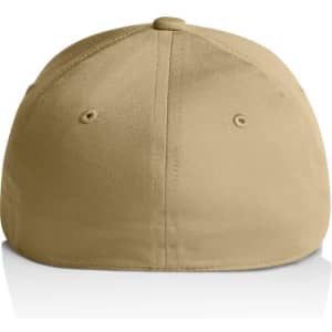 A beige cap with a rounded, flat back and ventilation holes. It features a logo on the side.