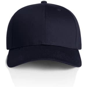 A navy blue cap featuring a structured design and a logo on the front.