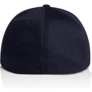 A navy blue cap featuring a rounded crown and a rear fastening, with a logo on the side.