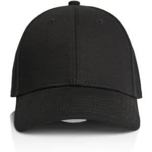 A black cap with a rounded peak and an adjustable strap at the back. It features a logo on the front.