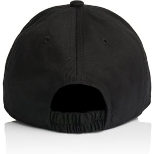A black kids cap featuring a back opening and an adjustable fit. Includes a logo on the back.