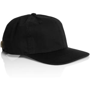 A black cap with a structured crown and a curved brim, featuring a small logo on the side.