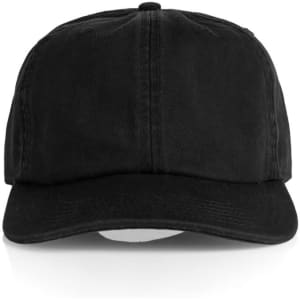 A black cap with a curved brim and adjustable back. It features a logo on the front.