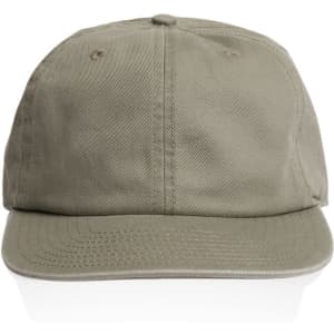 A khaki cap with a curved brim and an adjustable strap at the back, featuring a brand logo.