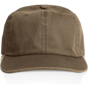 A brown cap with a structured design and a logo on the front.