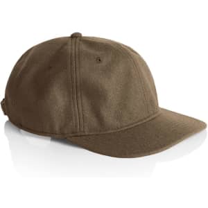 A brown wool cap featuring a curved brim and a logo on the side. Suitable for casual wear.