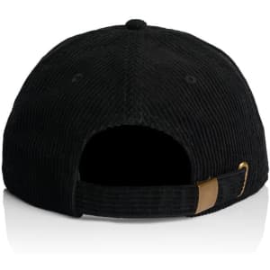 A black cord cap featuring a branded logo on the back and an adjustable strap.