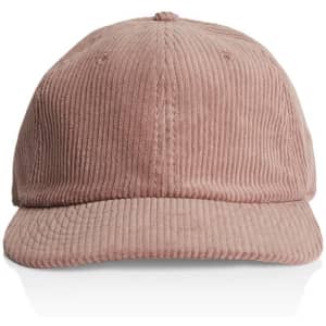 A pink corduroy cap featuring a rounded crown and a curved brim, showcasing a minimalist design.