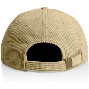 A beige cord cap with a textured fabric and an adjustable back strap. It features a logo on the side.