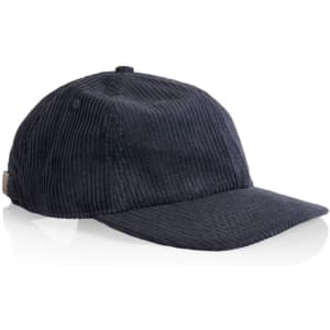 A navy cord cap with a rounded crown and a curved brim, featuring a logo on the side.