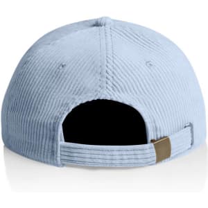 A light blue cord cap with an adjustable strap at the back, featuring a logo.