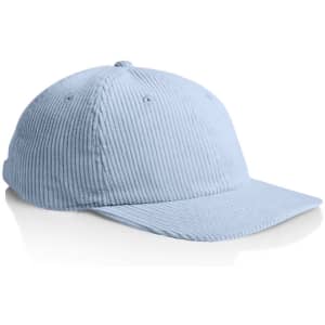 A light blue cap with a ribbed texture and an adjustable strap at the back. It features a logo on the front.