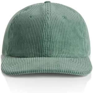 A green corduroy cap with a structured crown and curved brim. Features a branding logo on the side.