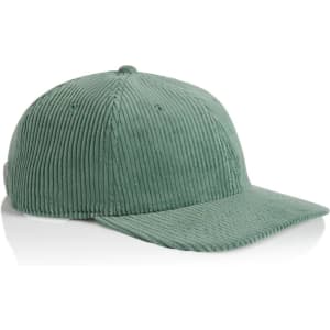 A green corduroy cap with a structured design and a rounded brim, featuring a logo.