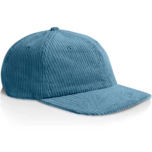 A blue corduroy cap with a curved brim, featuring a branding logo on the front.