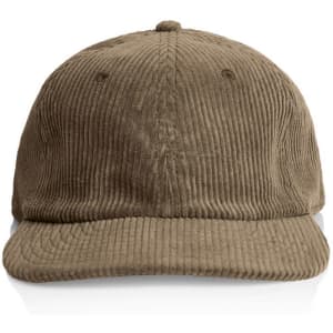 A corduroy cap in a muted brown colour with a curved brim and a logo on the front.