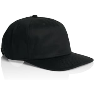 A black Class Five Panel Cap with a structured design and a branded logo on the side.