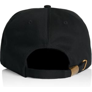 A black five-panel cap featuring a rear adjustment strap and branding on the back.