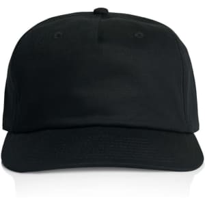 A black five-panel cap with a structured design and a front logo.