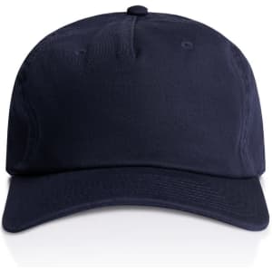 A navy blue Class Five Panel Cap featuring a structured design and a logo on the front.