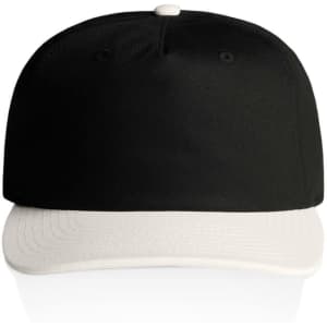 A two-tone cap with a black crown and a white peak, featuring a logo on the front.