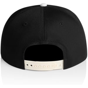 A black cap with a two-tone design featuring a cream underside and a snapback closure. It has a logo on the back.