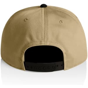 A two-tone cap featuring a tan fabric with a black visor and adjustable strap at the back.