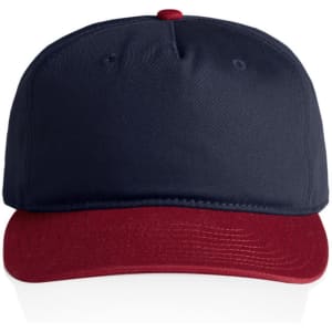 A two-tone cap featuring a navy blue crown and a burgundy brim. The cap has a logo on the front.