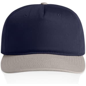 A two-tone cap featuring a navy top and a grey brim, with a logo on the front.