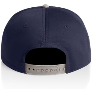A navy blue cap featuring a two-tone design and an adjustable strap at the back. It has a logo on it.