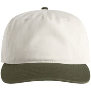 A two-tone cap featuring a white crown and an olive green brim. Includes a branding logo on the front.