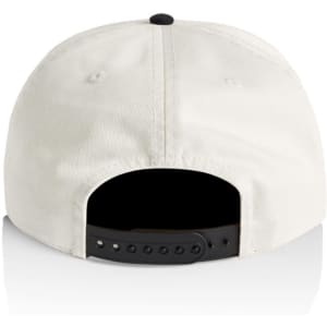 A two-tone cap in white and black featuring a strapback closure and a logo on the back.